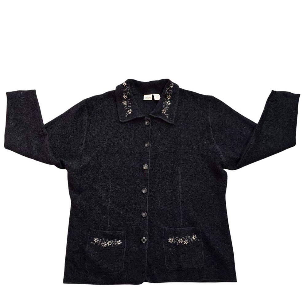 CHEROKEE plus size 100% wool  beaded embroidered black cardigan jacket grandma